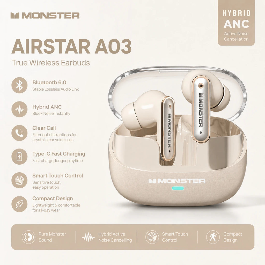 Monster A03 ANC Earbuds Bluetooth 6.0 Active Noise Cancelling Headphones Powerful Deep Bass Sport TWS Wireless Earphone with Mic