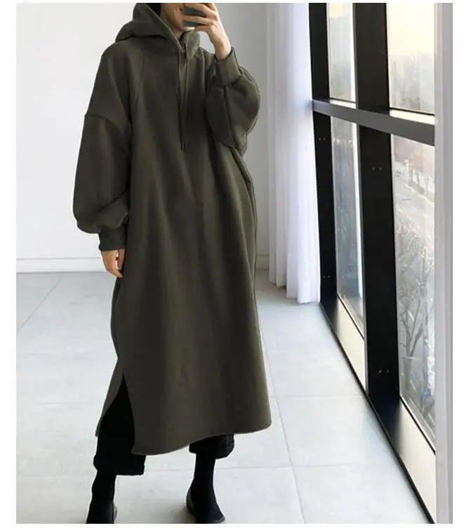 Thicken Autumn Winter Women Oversized Hoodie Long Dress Solid Fashion Long Sleeve Female Clothing Split Casual Loose New Dresses