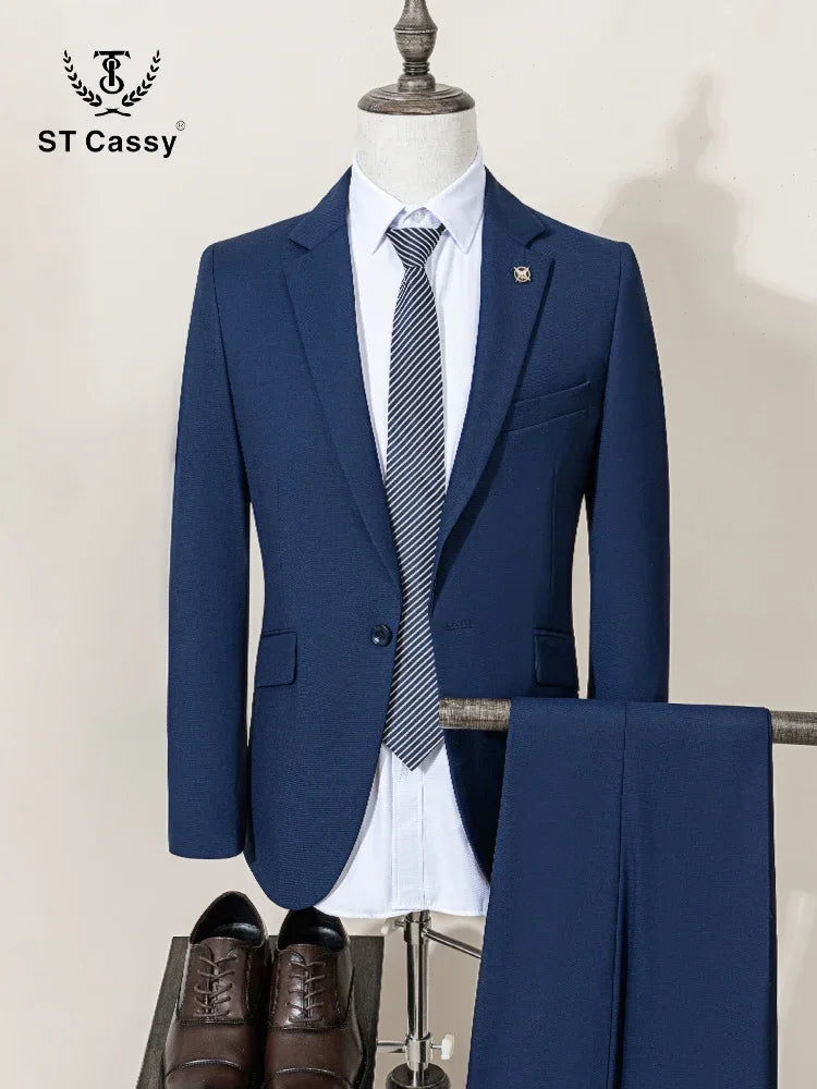 ST Cassy Dark Blue Men's Suit Slim Fit Solid Color Suit Formal Business Office Single Breasted Coat Pants 2 Pieces Set