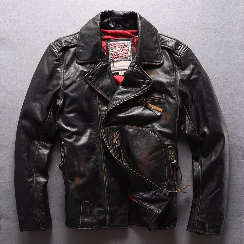 Vintage Black Winter Leather Jacket Men Retro Style Plus Size 5XK Natural Thick Cowhide Diagonal Zipper Genuine Leather Coat