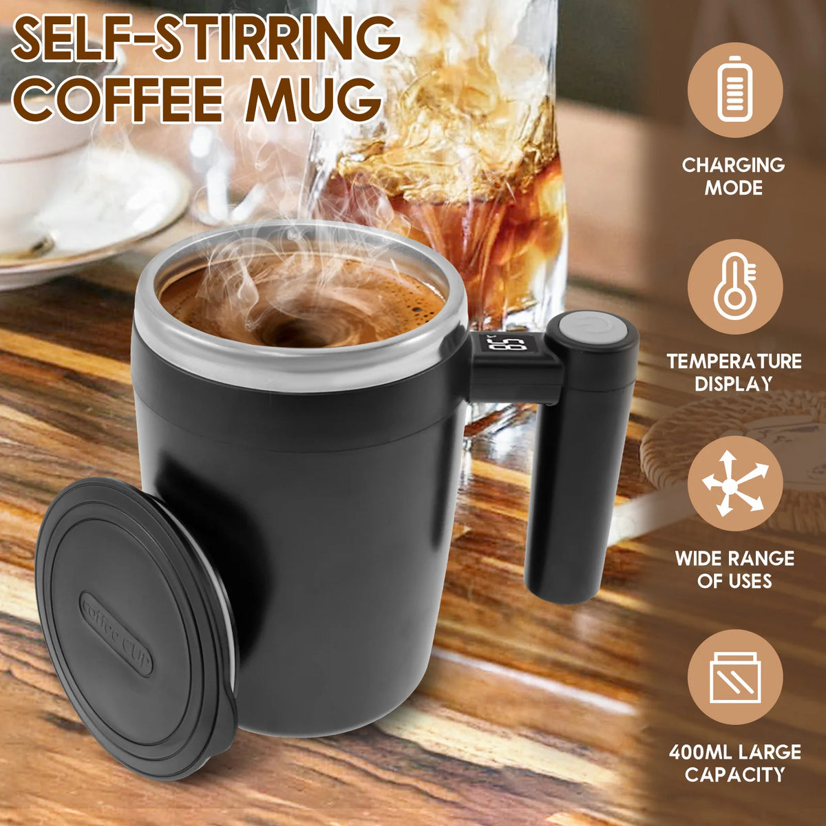 Upgrade Self Stirring Mug, Rechargeable Automatic Magnetic Stirrer Coffee Cup 400ml Stainless Steel Self Stirring Coffee Cup