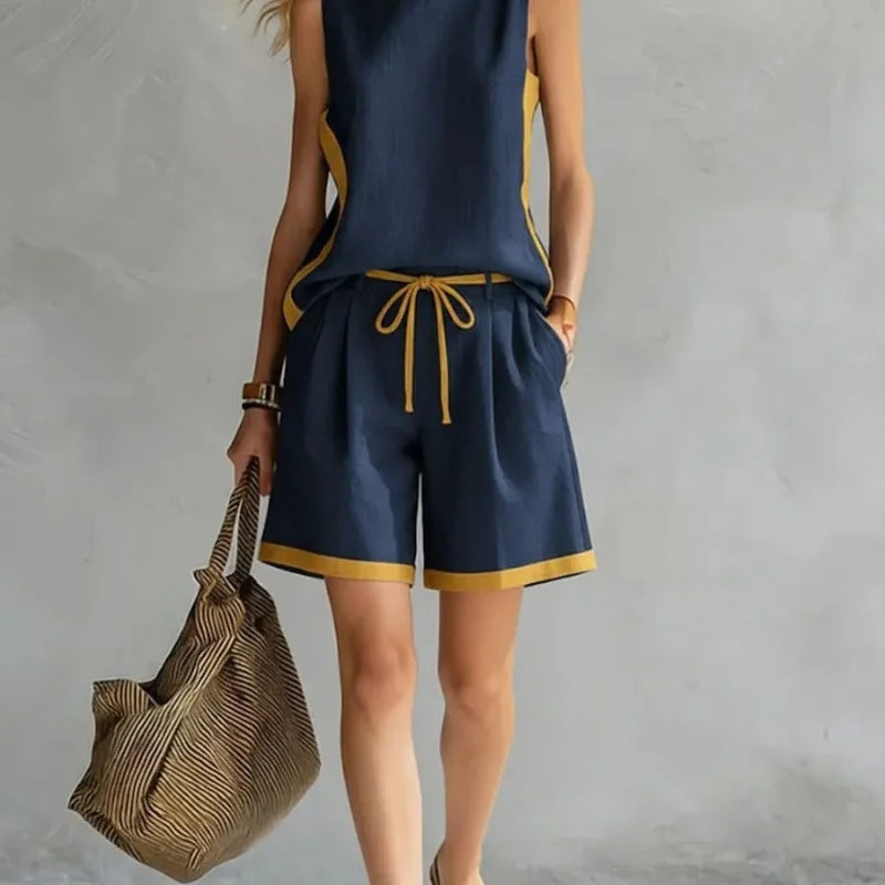 Women Color Block Sleeveless Tank Top Drawstring Shorts Two Piece Set Casual Loose Summer Outfit