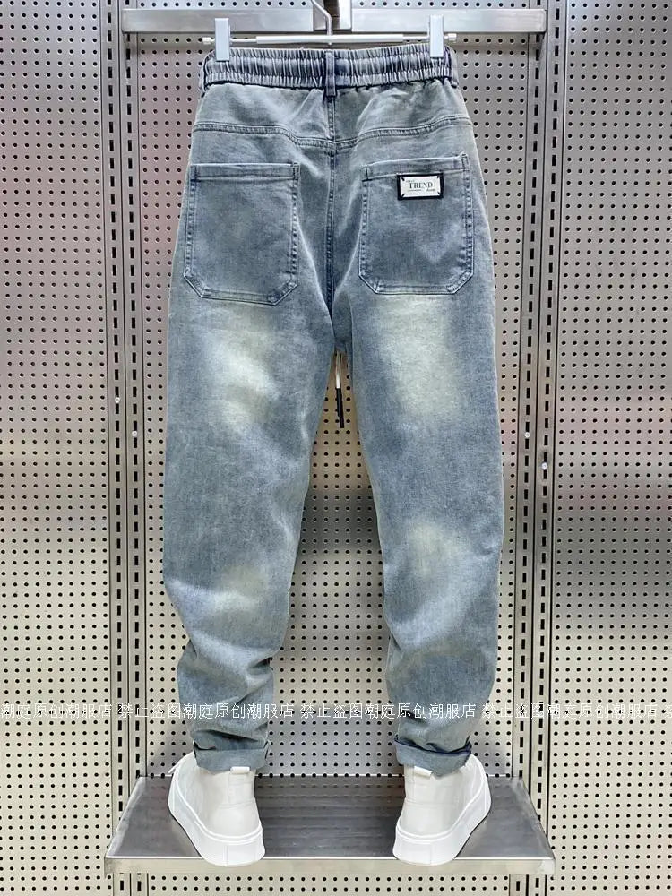 Spring Autumn New Kpop Loose Casual Men's Jeans Pants High-end Brand Loose Straight Pants Elastic Harlan Casual Trendy Dad Jeans