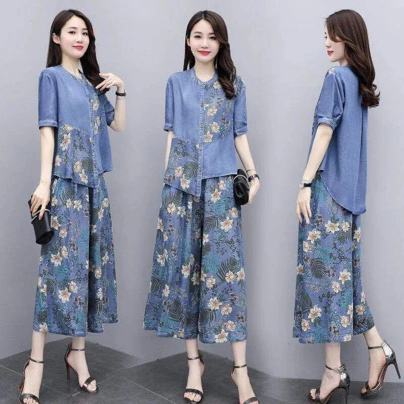 Ethnic Style Denim Wide Leg Pants Sets For Women Spring Summer NEW Embroidery Cowboy Jacket +Jeans Pants Suits Female Outfits