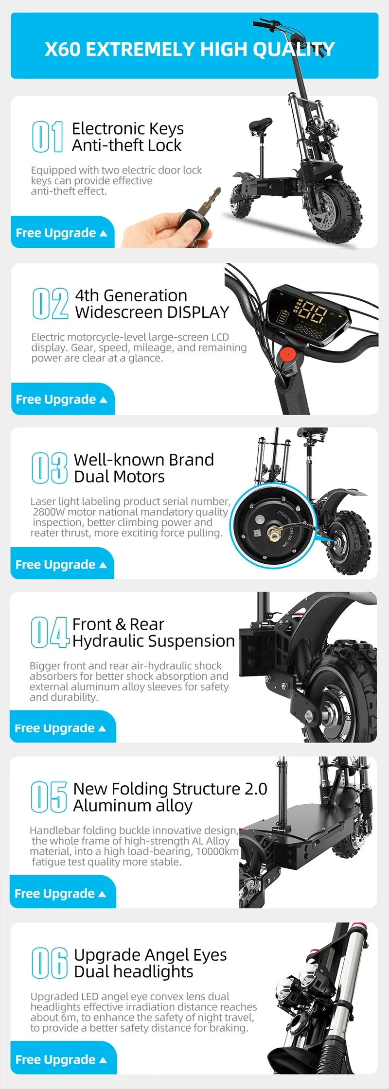 6000W High Power Dual Motor Electric Scooter Aluminum Alloy Folding Frame Off-Road Tire Dual Hydraulic Shock Adult E-Scooter