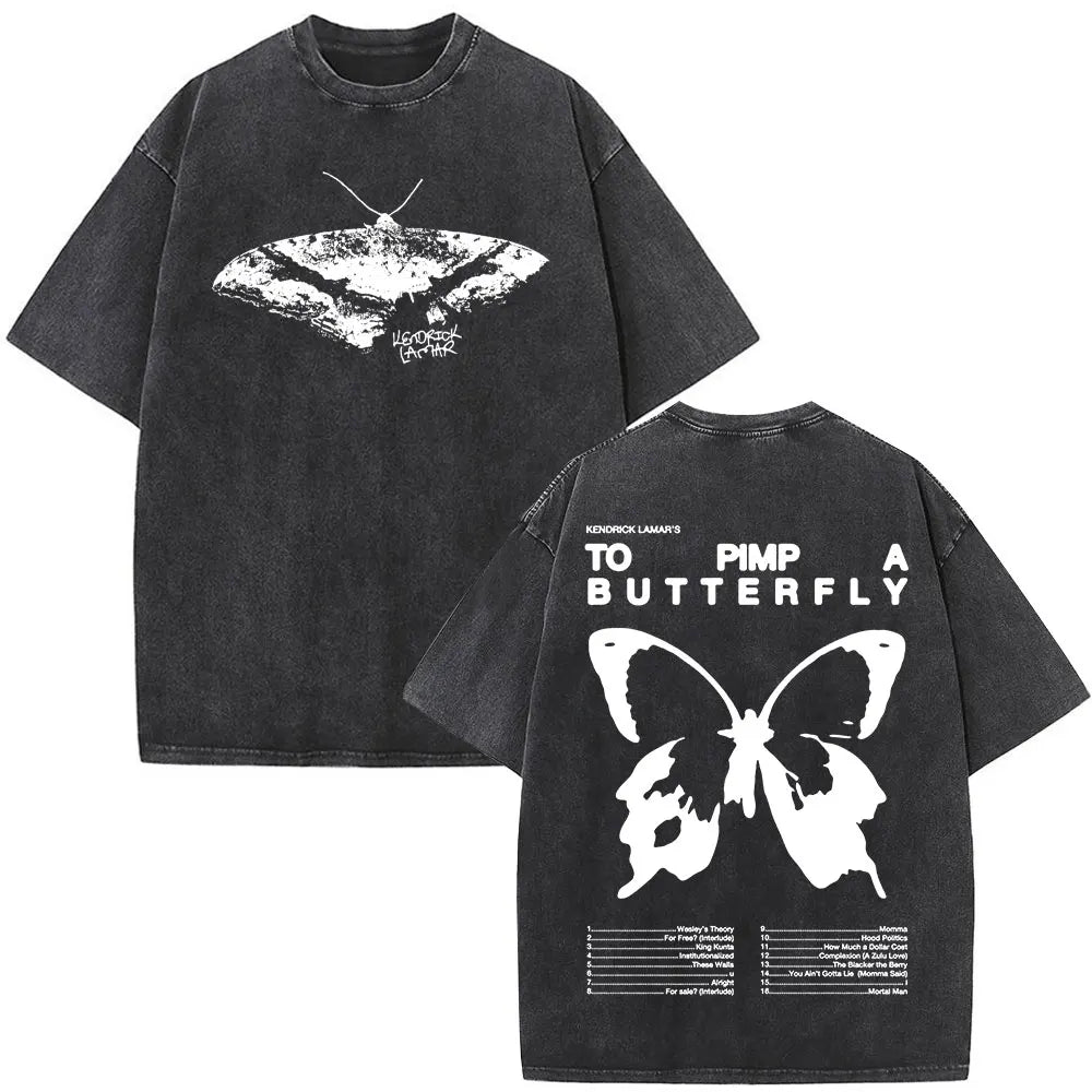 Kendrick Lamar To Pimp A Butterfly Graphic Vintage Washed T-shirts Men Fashion Hip Hop Retro Short Sleeve T Shirt Streetwear