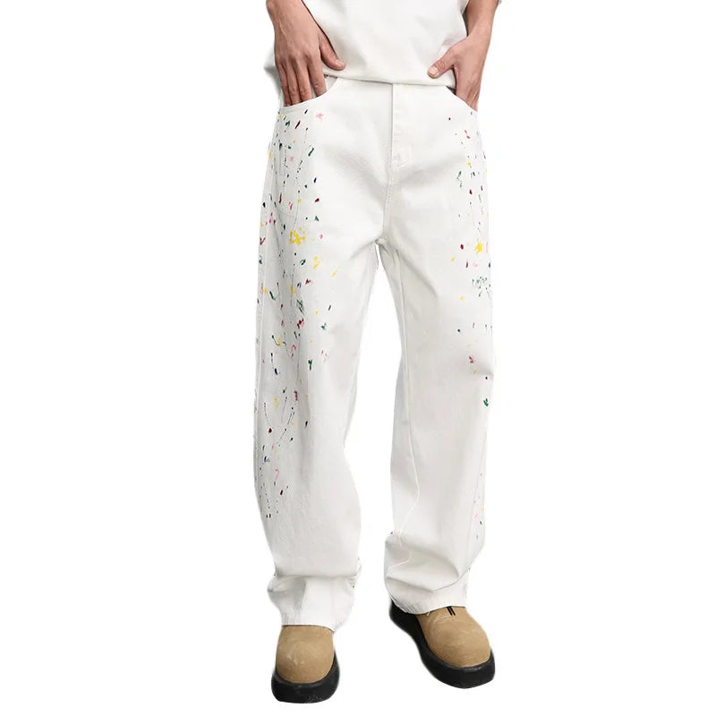 Men's Color Ink White Denim Jeans Cityboy Streetwear Fashion Hip Hop Loose Casual Wide Leg Baggy Jeans Y2k Pants