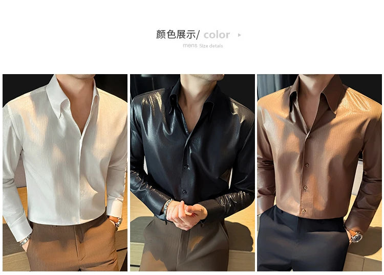 Men's 2026 Spring Luxury Lyocell Cotton Shirt, Leather-Like Texture Jacquard V-Neck, Long Sleeve Business Casual Top