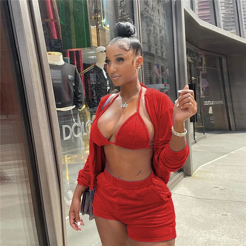 Velvet Tracksuit 3 Piece Set Women Fall Outfits Zipper Hoodies Jacket + Bra + Shorts Sets Sporty Matching Sets Jogging Femme