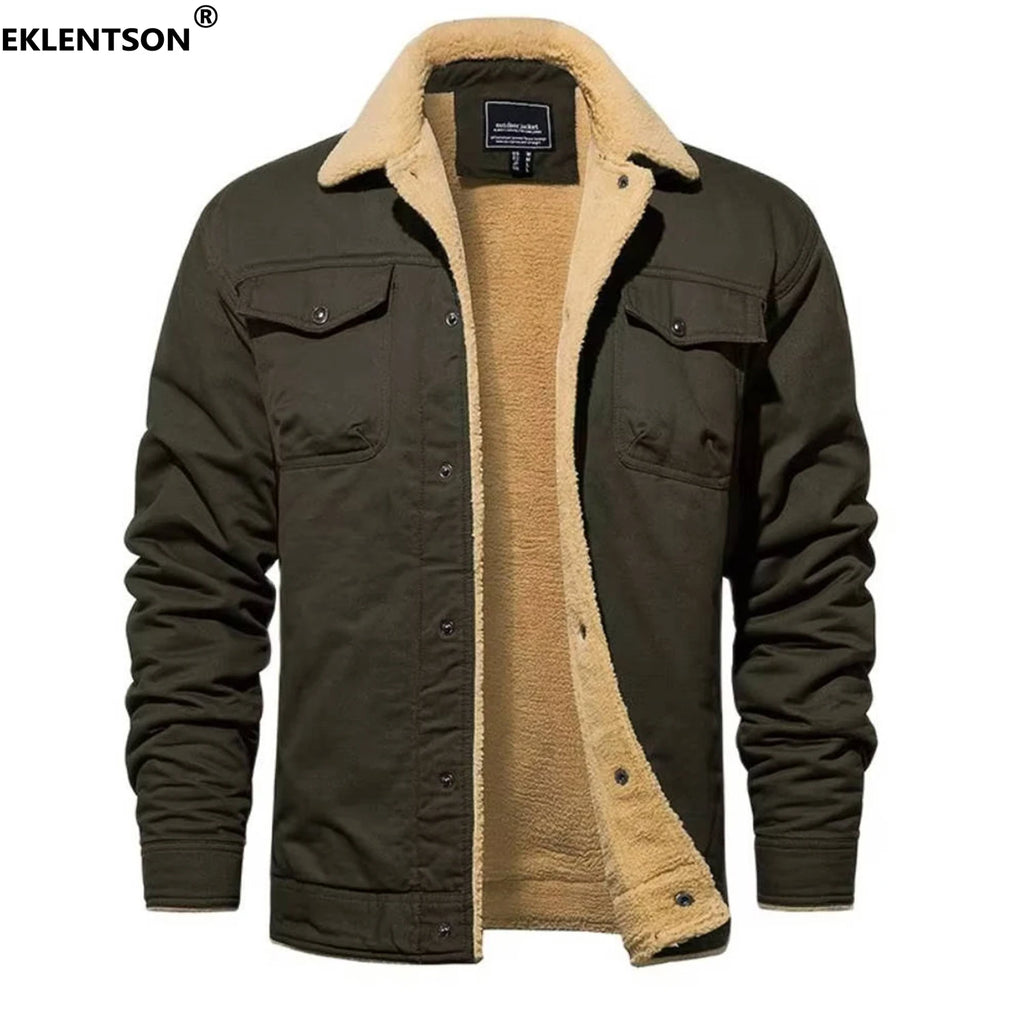 EKLENTSON Winter Fleece Hiking Jackets Men Thermal Windproof Coat Outdoor Thick Warm Cotton Cargo Work Jacket Travel Outerwear