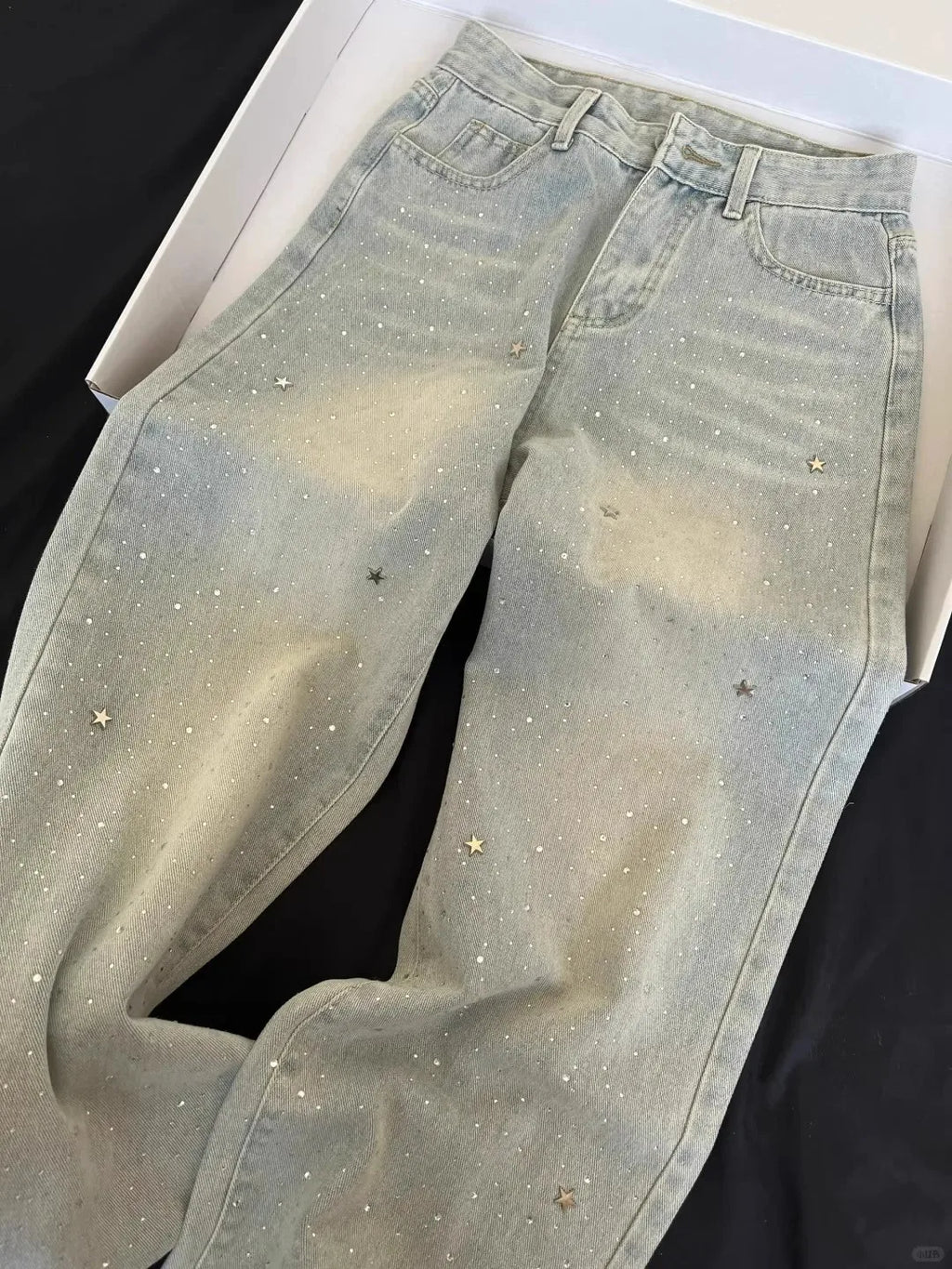 Four Seasons New Fashion Women's Light Blue Wide Leg High Waist Loose Casual Trendy Jeans Female Diamond Studded Denim Trousers