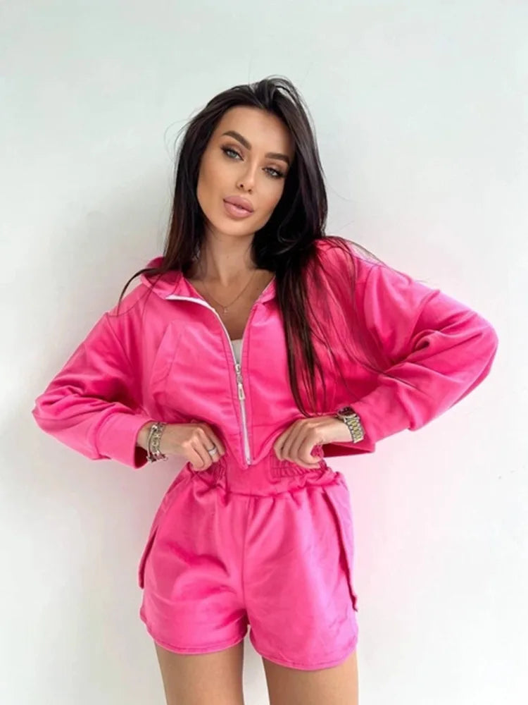 2025 Casual Women's Wear, Zipper Cardigan Long Sleeve Drawstring and Shorts Set, Hoodie Fashion Split Shorts Two-Piece Set
