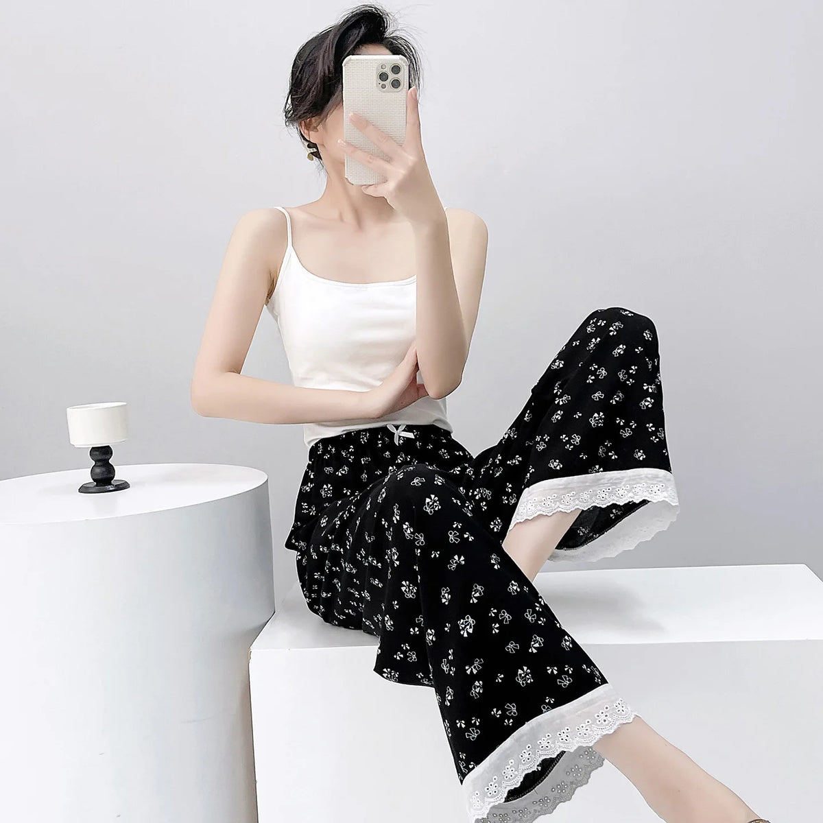 Women Viscose Casual Trousers With Lace Loose Pajamas Home Pants Thin Wide Leg Pants Fashion Oversized Sleep Bottom Korean Pants