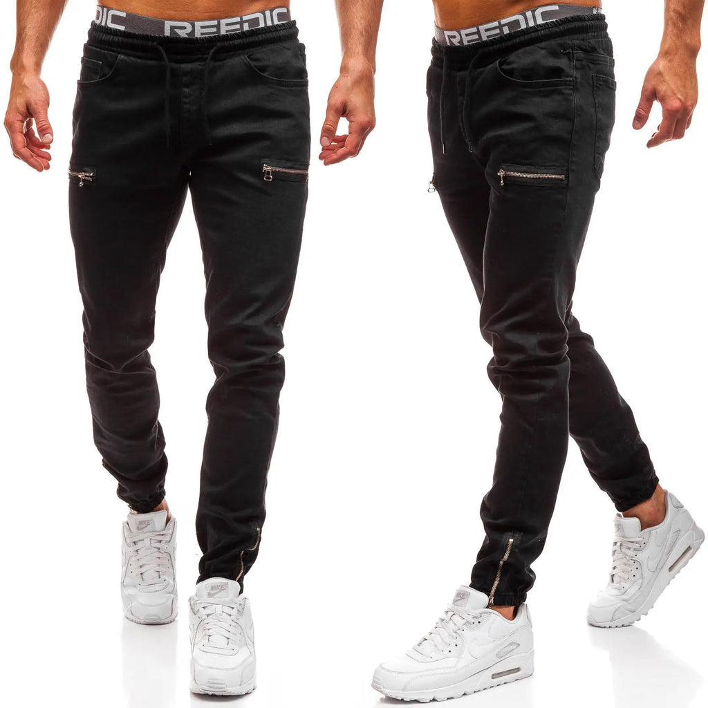 Jeans Men Casual Drawstring Elastic Waist Denim Skinny Trousers Pencil Pants Vintage Streetwear Washed Ankle Length Denims