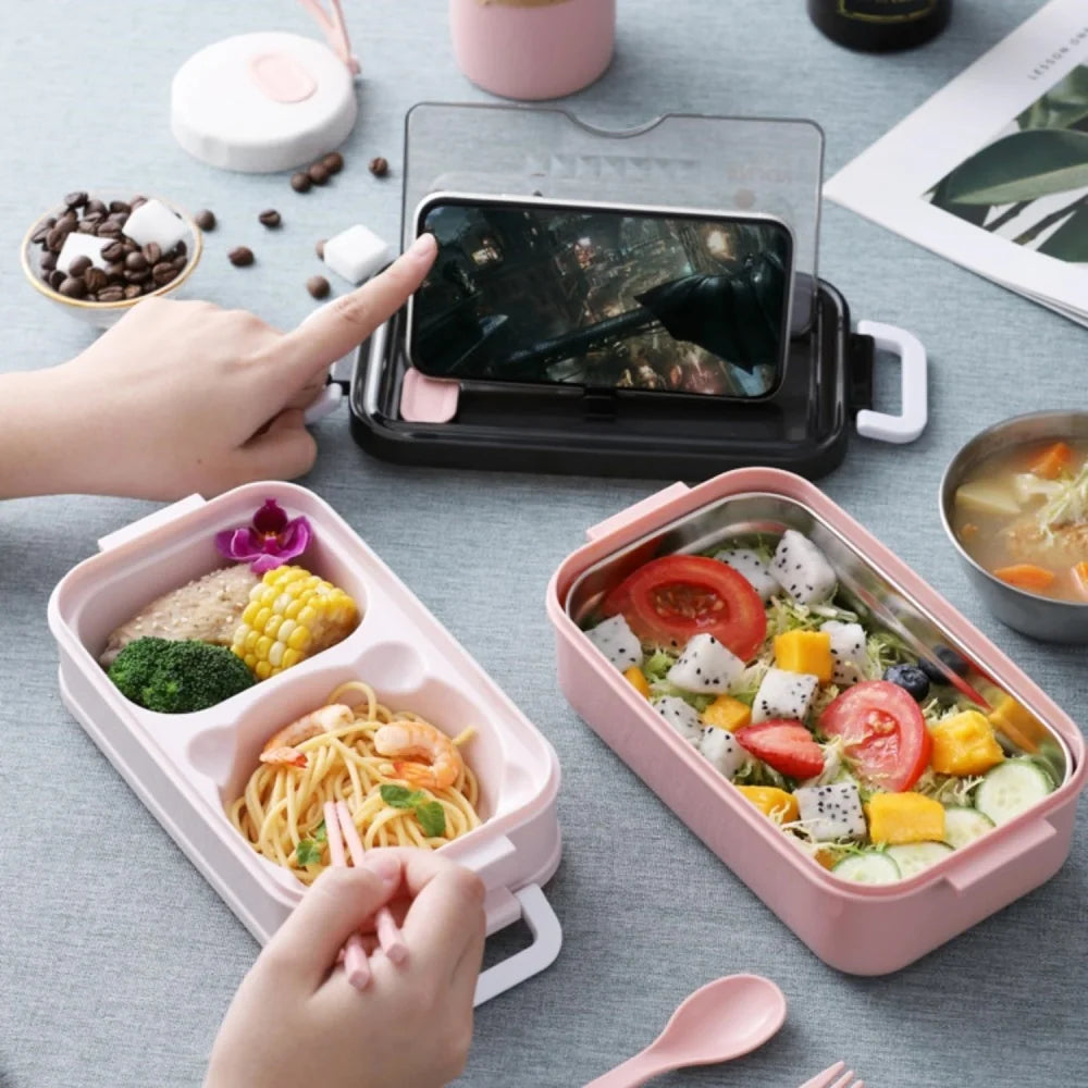 Double-layer Lunch Box 1pc Portable Compartment Food Box Microwave Lunch Box With Fork Chopsticks And Spoon for School Office