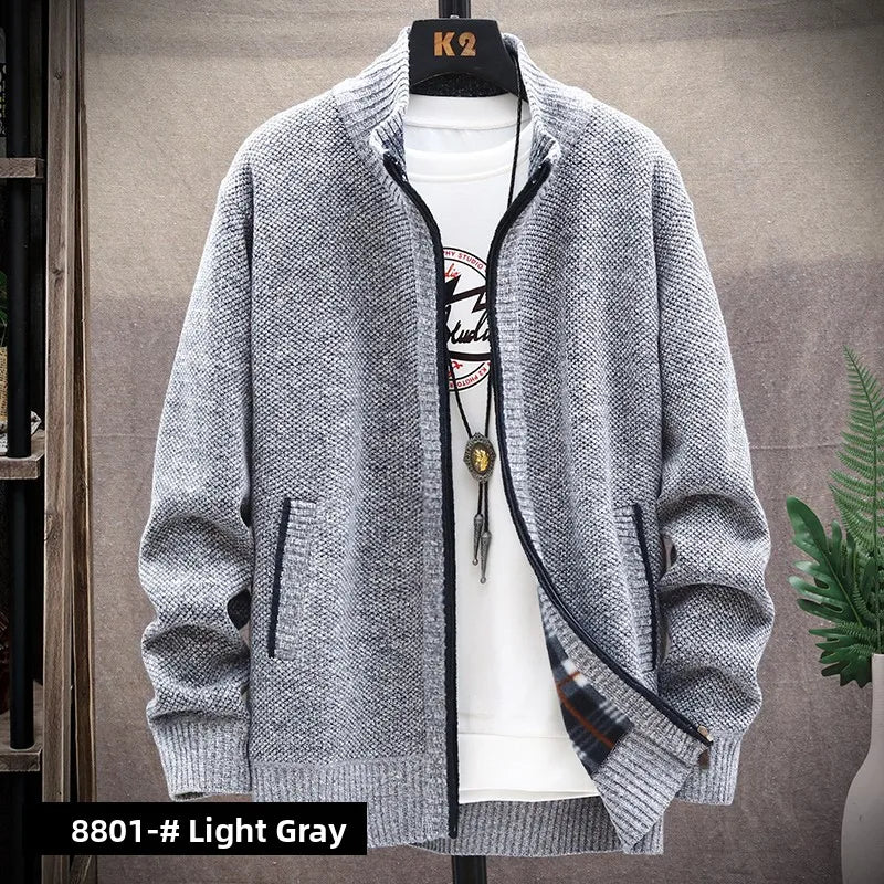 Men's Knitted Sweater Cardigan Thickened Fleece Hooded Casual Style Warm Outerwear Autumn Winter New Arrival Korean Version