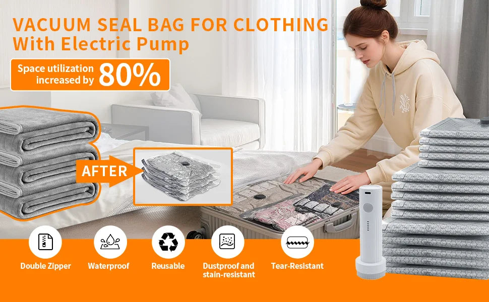 15-Pack Travel Vacuum Storage Bags with Electric Pump, Space-Saving Compression Bags for Clothes, Luggage, Cruise & Home Use
