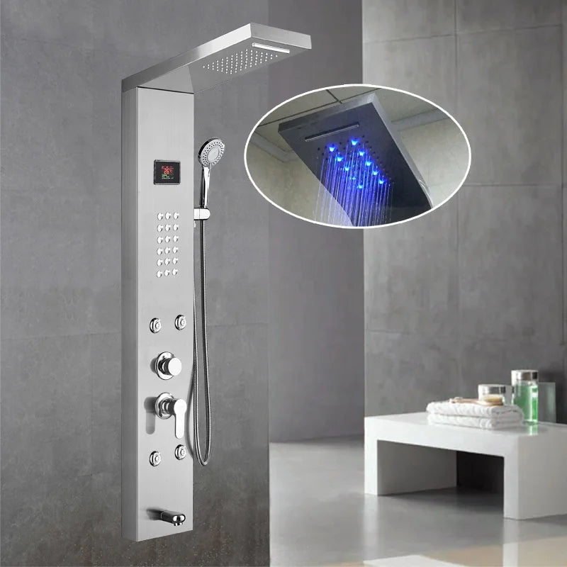 Luxury Black Color Thermostatic Led Rain Shower Head Bathroom Stainless Steel Wall Mounted Waterfall Shower Panels