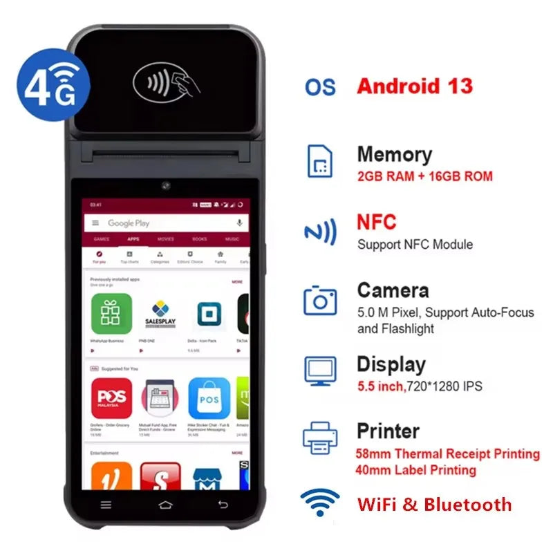 Z92 Handheld Smart Android 12 POS Terminal 5.5 "Touchscreen Cash Register with NFC Reader Scanner 58mm Thermal Receipt Printer