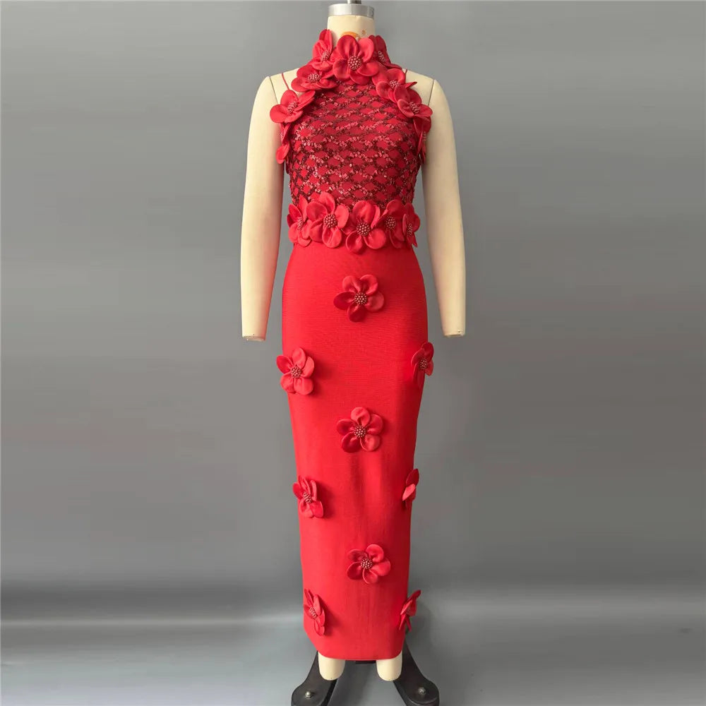 Women Fashion Flower Beading Sequins Patchwork Bandage Dress Celebrity Party Sleeveless Elegant Dresses