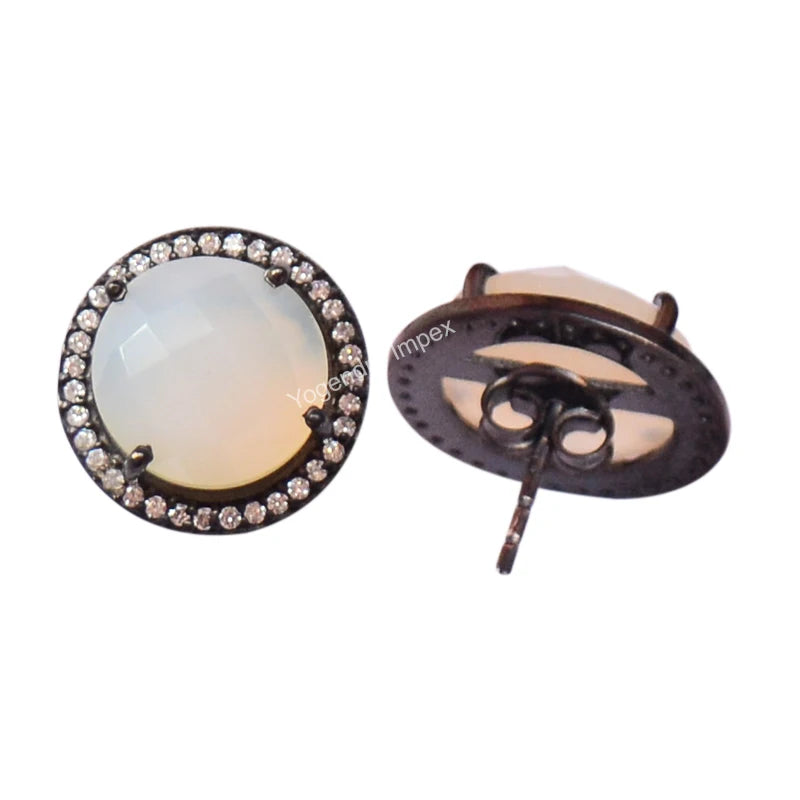 Natural White Chalcedony Round Shape Gemstone Stud Earring Black Rhodium , Anniversary Jewelry For Women Fashion