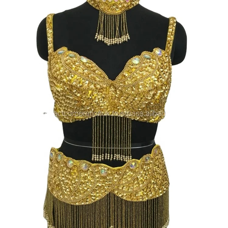 Professional Women's Belly Dance Costumes Sexy Style 3-Piece Egyptian Suit Satin Competition Bedlam Tribal Bra Belt Neckless Set