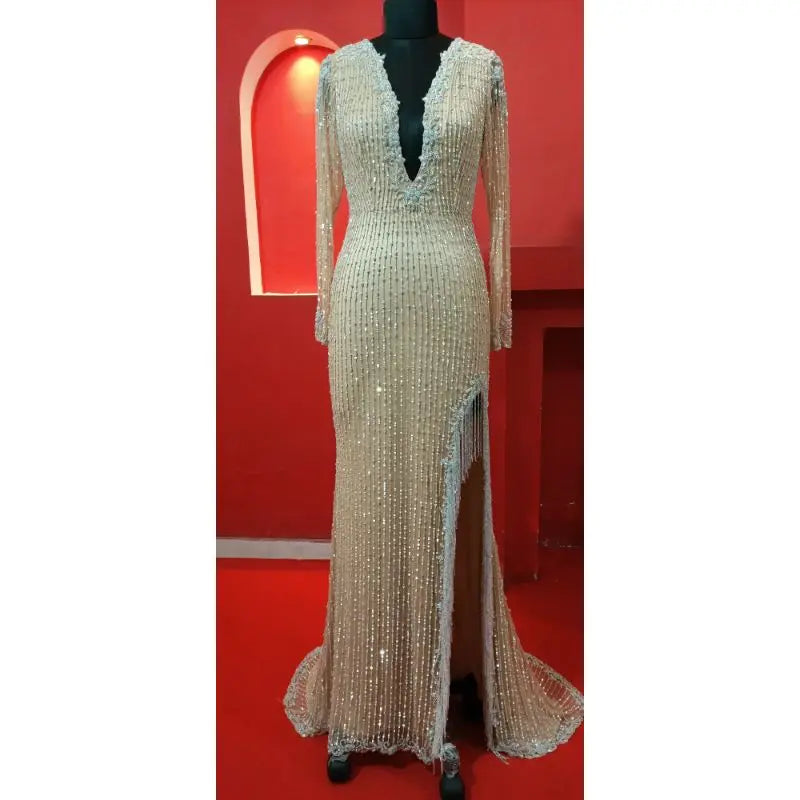 Royal Modern Elegant Design Party Wear Beaded Full Sleeve Side Slit O-neck Gown Rajgadhia Exports New Evening / Formal Dresses