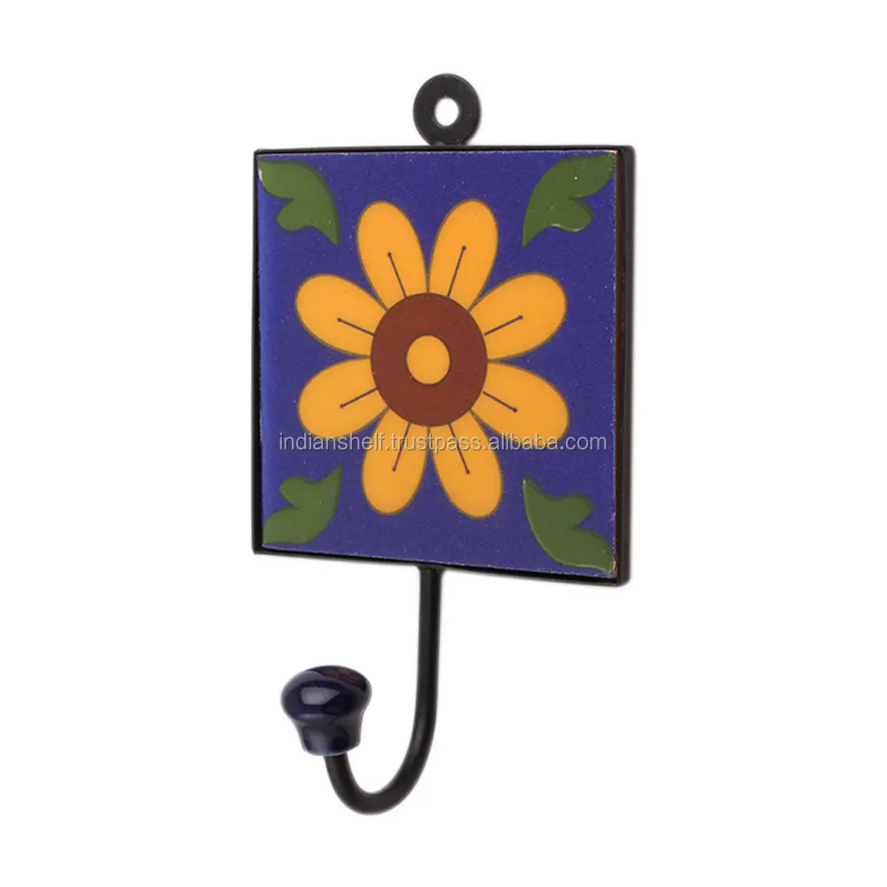 High Quality Blue Floral Ceramic Tiles Hooks Wholesale Handmade Decorative Wall Coat Hook Bulk Supplier Factory Price Wholesale