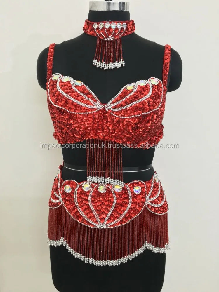 Professional Women's Belly Dance Costumes Sexy Style 3-Piece Egyptian Suit Satin Competition Bedlam Tribal Bra Belt Neckless Set