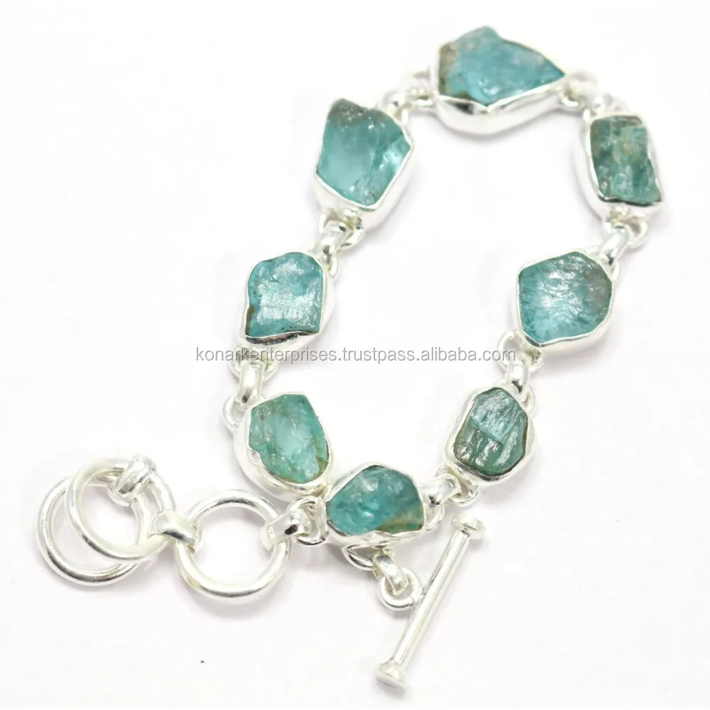 Modern Design High Quality Aquamarine Nuggets 925 Sterling Silver Handmade Bracelet  Jewelry