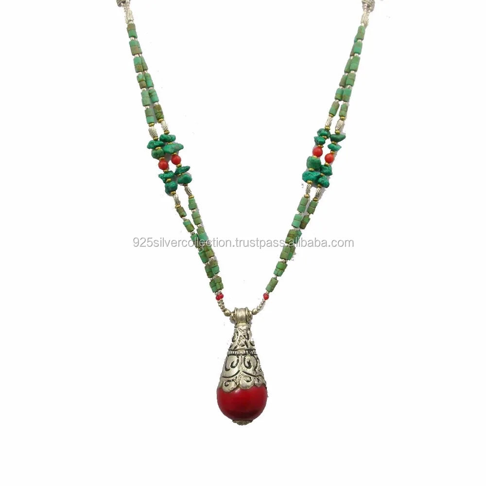 Oxidized Tone Metal Coral Stone Long Link Chain Nepali Necklace Women Fashion Tibetan Jewelry for Engagement Anniversary & Party