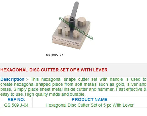 GREEN STARS SA PVT LTD Set of 5 Hexagonal Disc Cutters with Lever GS 589J-04 Dapping & Forming Tools for Jewelers Made in India