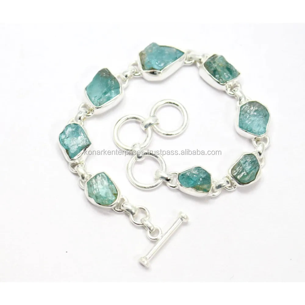 Modern Design High Quality Aquamarine Nuggets 925 Sterling Silver Handmade Bracelet  Jewelry