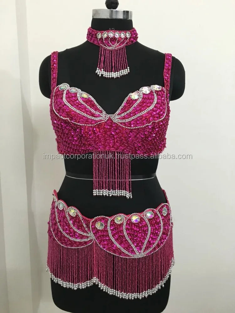 Professional Women's Belly Dance Costumes Sexy Style 3-Piece Egyptian Suit Satin Competition Bedlam Tribal Bra Belt Neckless Set