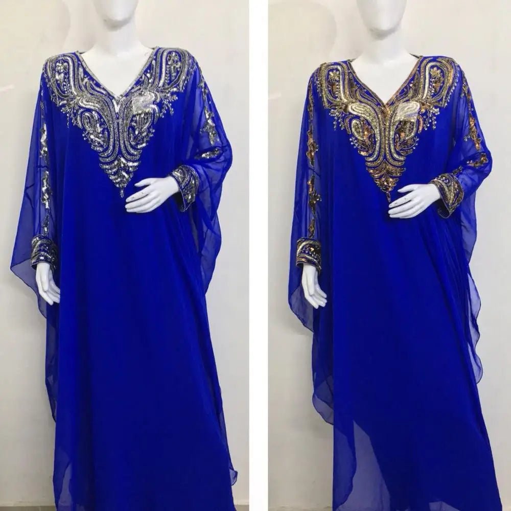 Muslim Kaftan Abaya Elegant Sequined Pearls Appliques Beading Georgette Straight Long Sleeve Floor-Length Women 2022 Hot Sell