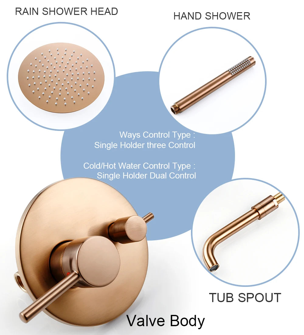 Bathroom Shower Faucet Brushed Rose Gold Smesiteli Brass 3 Way Diverter Valve Kit Hot & Cold Mixer Tap Tub Spout Hand Spray