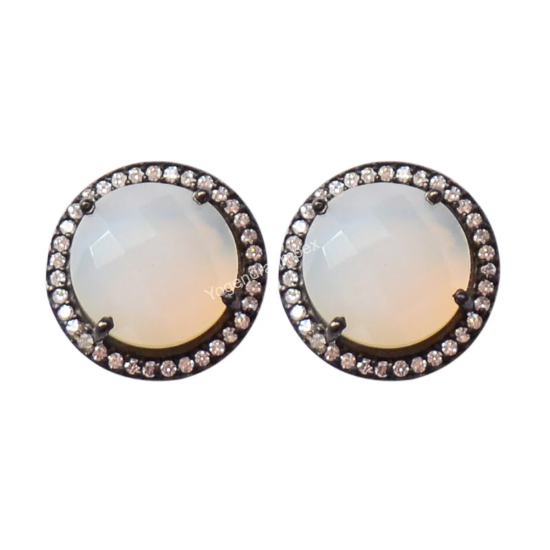Natural White Chalcedony Round Shape Gemstone Stud Earring Black Rhodium , Anniversary Jewelry For Women Fashion