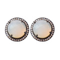 Natural White Chalcedony Round Shape Gemstone Stud Earring Black Rhodium , Anniversary Jewelry For Women Fashion