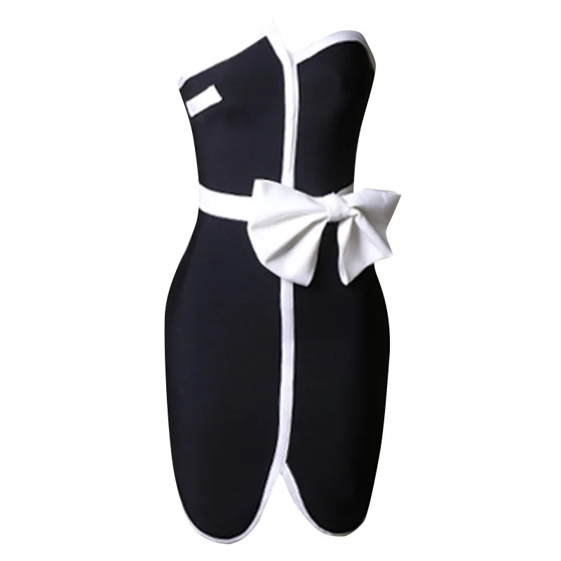 Women's Patchwork Mini Bandage Black Bow Strapless Bodycon 2023 Summer Sexy Elegant Club Celebrity Evening Party Dresses