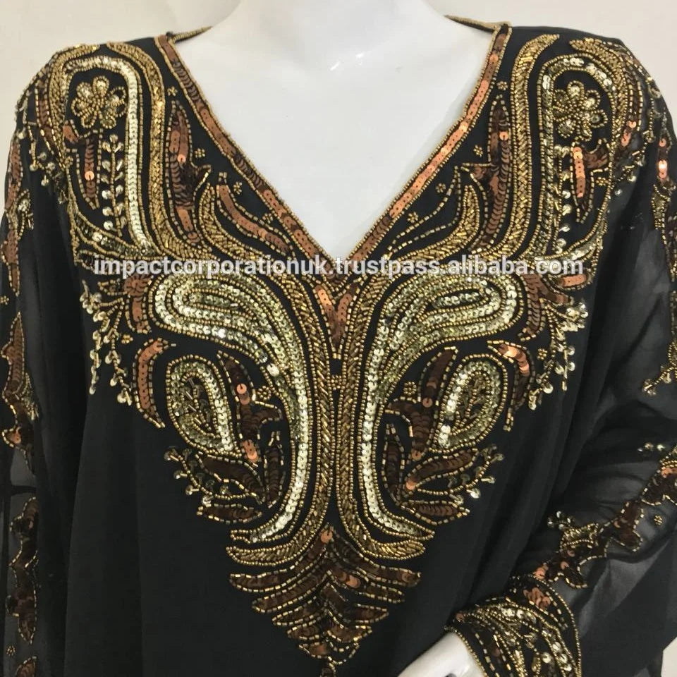 Muslim Kaftan Abaya Elegant Sequined Pearls Appliques Beading Georgette Straight Long Sleeve Floor-Length Women 2022 Hot Sell
