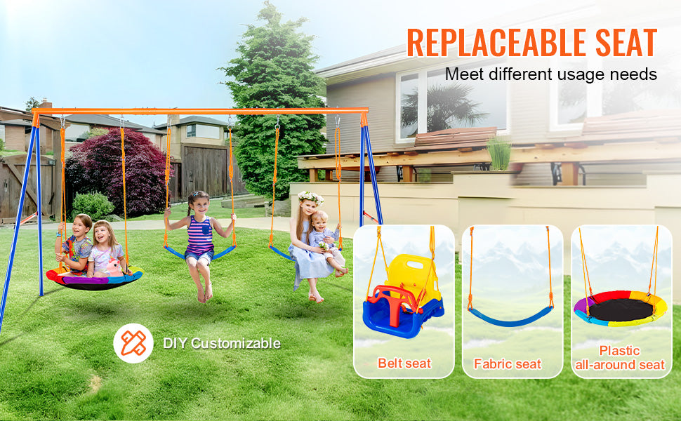 SucceBuy Swing Sets for Backyard 600lbs Capacity Swing Set with 1 Saucer Swing Seat 2 Belt Swing Seats Swingset Outdoor for Kids