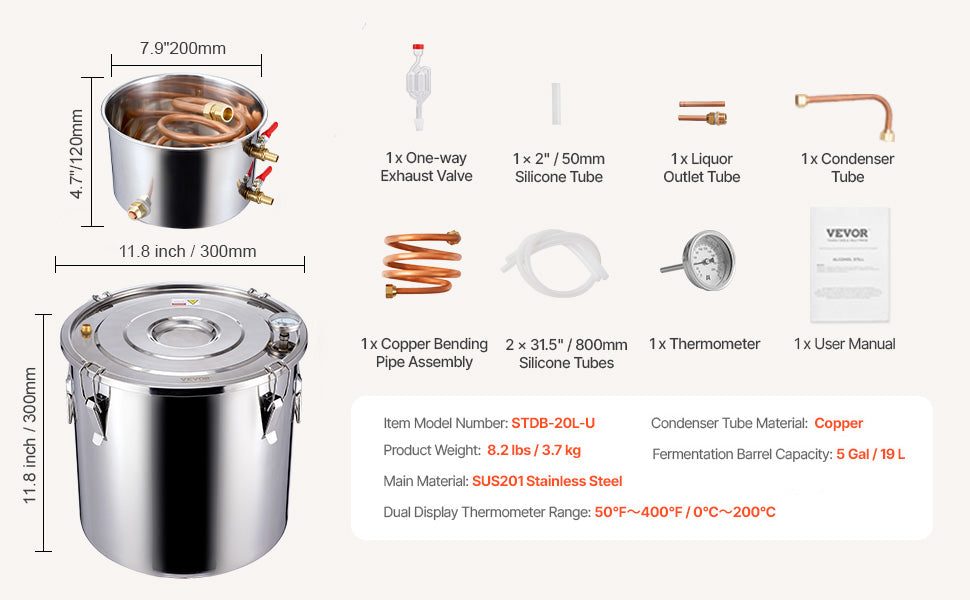 SucceBuy 3 5 8 Gallon Alcohol Still  Stainless Steel Water Alcohol Distiller with Copper Coil Brewing Refining Fermentation Kit