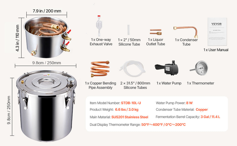 SucceBuy Alcohol Still 3 -8 Gallon  Stainless Steel Water Alcohol Distiller with Copper Coil  Brewing Refining Fermentation Kit