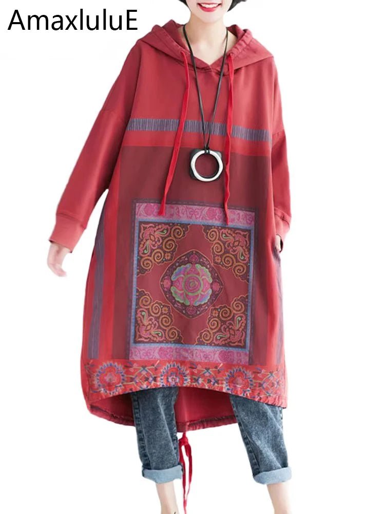 Amax luluE 2024 Autumn Womens Printed Loose Hooded Long Hoodies Fashion Clothes Ladies Luxury Classic Vintage Casual Sweatshirts - Beauty