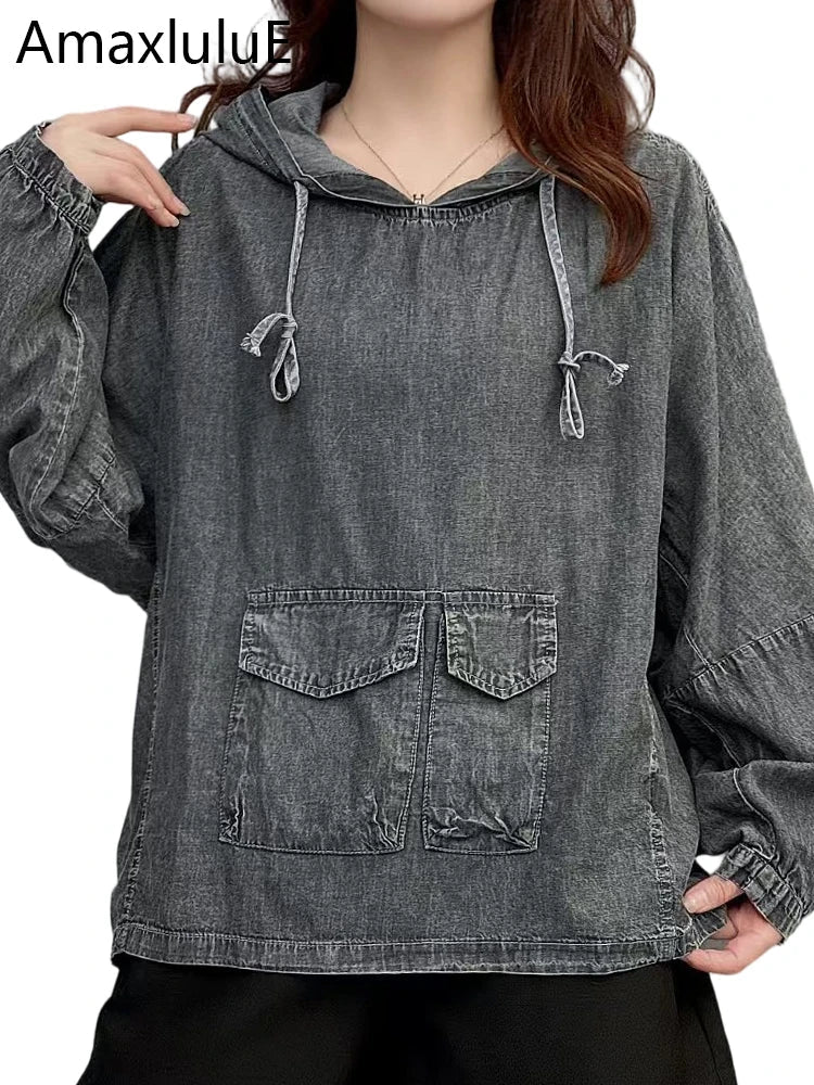 Amax LuluE Designer Winter Fashion Clothes Womens Loose Hooded Denim Hoodies Ladies Classic Oversized Vintage Casual Sweatshirts - Beauty