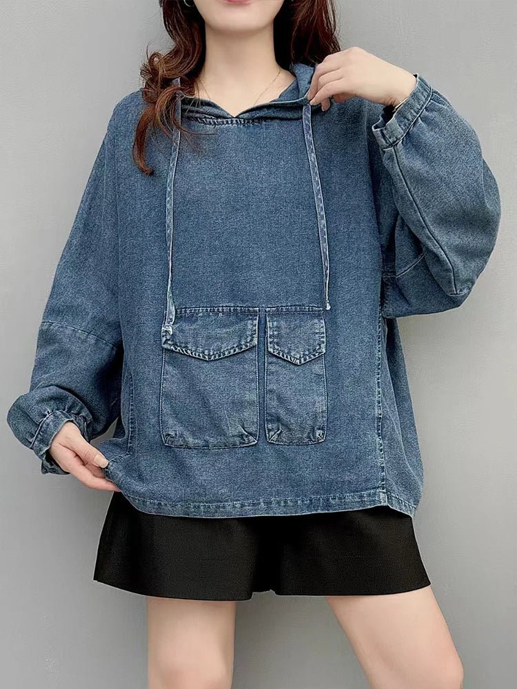Amax LuluE Designer Winter Fashion Clothes Womens Loose Hooded Denim Hoodies Ladies Classic Oversized Vintage Casual Sweatshirts - Beauty