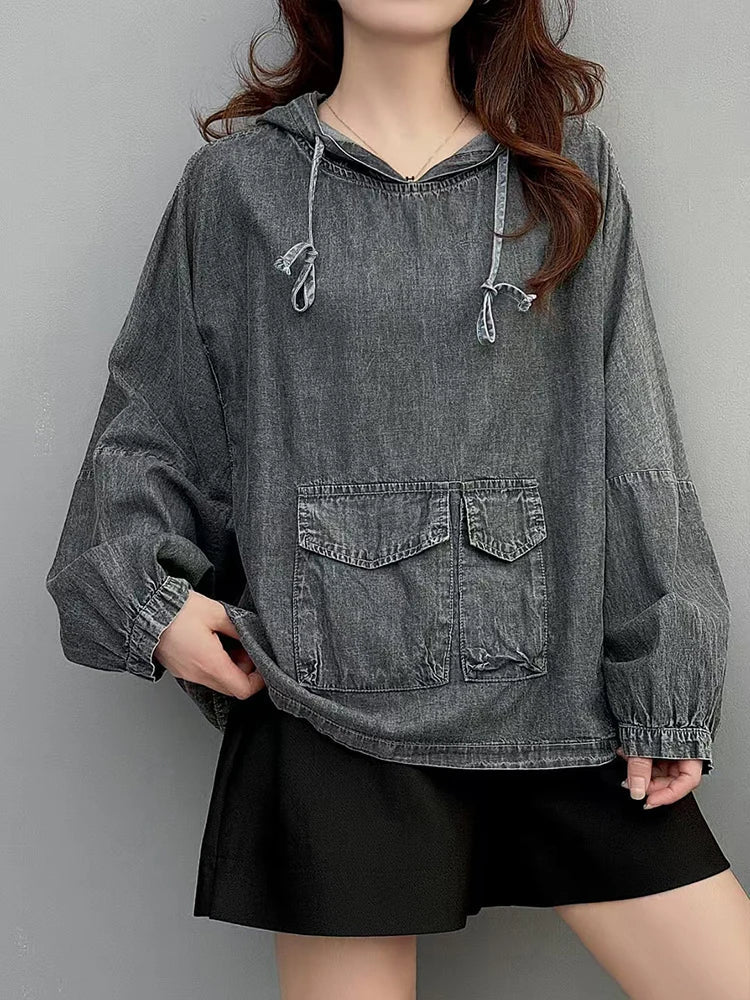 Amax LuluE Designer Winter Fashion Clothes Womens Loose Hooded Denim Hoodies Ladies Classic Oversized Vintage Casual Sweatshirts - Beauty