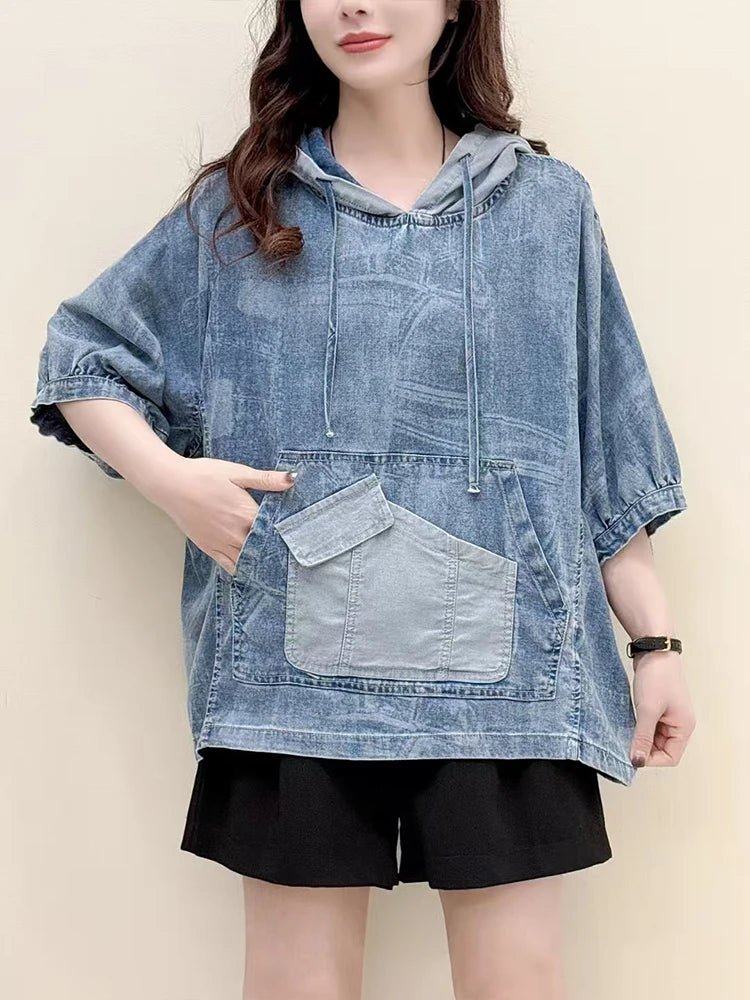 AmaxluluE Summer Fashion Clothes 2025 Women Denim Hooded Blouses Casual Big Size Printed Shirts Ladies Loose Vintage O Neck Tops - Beauty