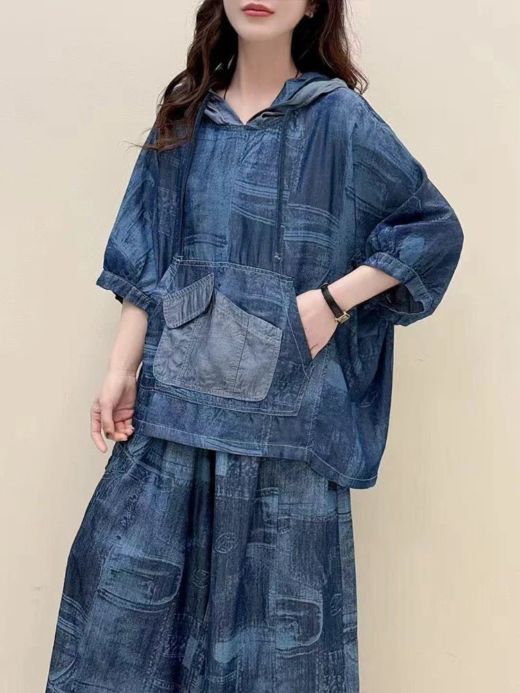 AmaxluluE Summer Fashion Clothes 2025 Women Denim Hooded Blouses Casual Big Size Printed Shirts Ladies Loose Vintage O Neck Tops - Beauty