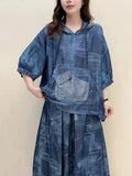 AmaxluluE Summer Fashion Clothes 2025 Women Denim Hooded Blouses Casual Big Size Printed Shirts Ladies Loose Vintage O Neck Tops - Beauty